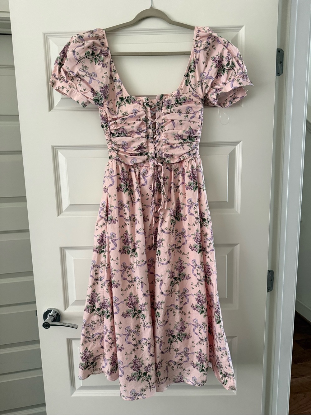 House of CB Lulabell Pink Ribbon Print Cotton Midi Dress - Picture 3 of 5
